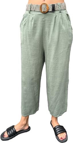 FASHION YOU WANT Damen 3/4 Culotte Hose leicht Sommerhose aus Baumwolle mit Taschen und mit Flecht-Gürtel (DE/NL/SE/PL, Alphanumerisch, Einheitsgröße, Regular, Regular, Khaki) von FASHION YOU WANT