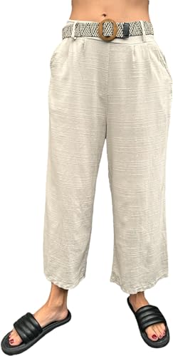 FASHION YOU WANT Damen 3/4 Culotte Hose leicht Sommerhose aus Baumwolle mit Taschen und mit Flecht-Gürtel (DE/NL/SE/PL, Alphanumerisch, Einheitsgröße, Regular, Regular, beige) von FASHION YOU WANT