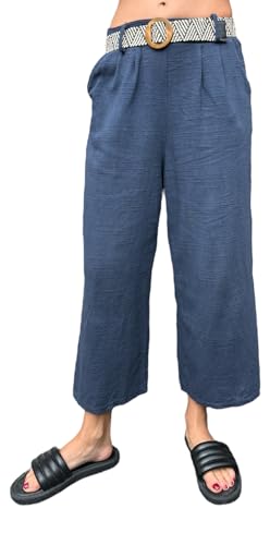 FASHION YOU WANT Damen 3/4 Culotte Hose leicht Sommerhose aus Baumwolle mit Taschen und mit Flecht-Gürtel (DE/NL/SE/PL, Alphanumerisch, Einheitsgröße, Regular, Regular, dunkelblau) von FASHION YOU WANT