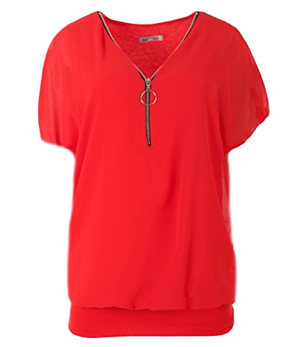 FASHION YOU WANT Damen Falten Kurzarm Tunika Batwing Rundkragen Bluse mit Reißverschluss am Kragen (as3, Numeric, Numeric_36, Numeric_38, Regular, Regular, rot) von FASHION YOU WANT