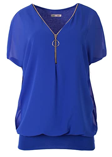 FASHION YOU WANT Damen Falten Kurzarm Tunika Batwing Rundkragen Bluse mit Reißverschluss am Kragen (as3, Numeric, Numeric_38, Numeric_40, Regular, Regular, cyanblau) von FASHION YOU WANT