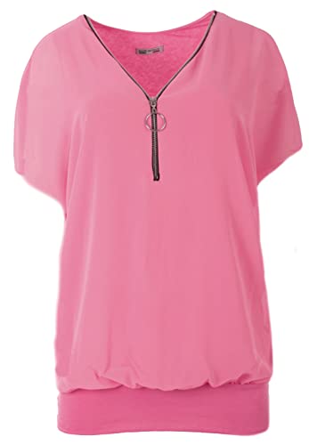 FASHION YOU WANT Damen Falten Kurzarm Tunika Batwing Rundkragen Bluse mit Reißverschluss am Kragen (as3, Numeric, Numeric_40, Numeric_42, Regular, Regular, Fuchsia) von FASHION YOU WANT