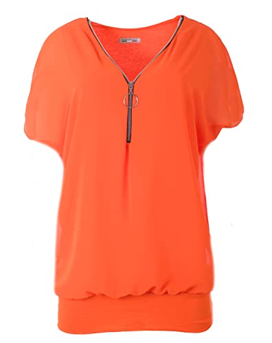 FASHION YOU WANT Damen Falten Kurzarm Tunika Batwing Rundkragen Bluse mit Reißverschluss am Kragen (as3, Numeric, Numeric_40, Numeric_42, Regular, Regular, orange) von FASHION YOU WANT