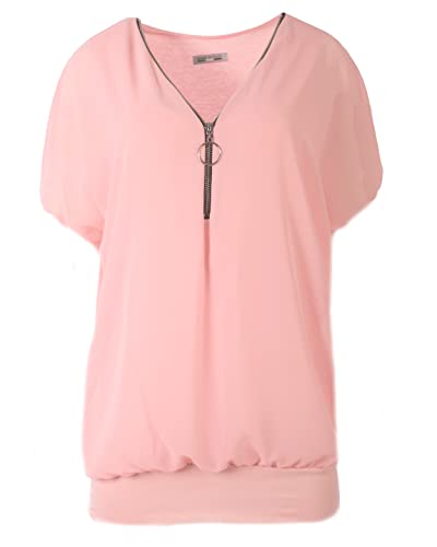 FASHION YOU WANT Damen Falten Kurzarm Tunika Batwing Rundkragen Bluse mit Reißverschluss am Kragen (as3, Numeric, Numeric_40, Numeric_42, Regular, Regular, rosa) von FASHION YOU WANT