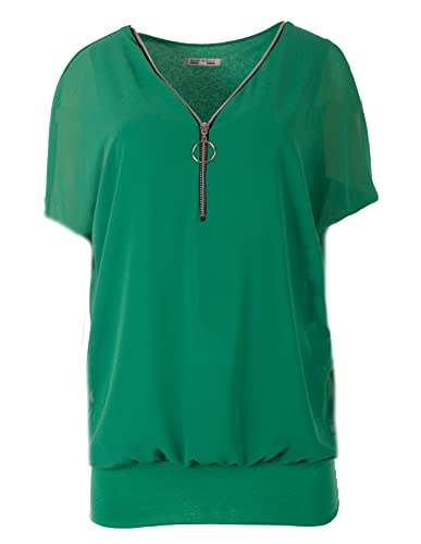 FASHION YOU WANT Damen Falten Kurzarm Tunika Batwing Rundkragen Bluse mit Reißverschluss am Kragen (as3, Numeric, Numeric_42, Numeric_44, Regular, Regular, dunkelgrün) von FASHION YOU WANT