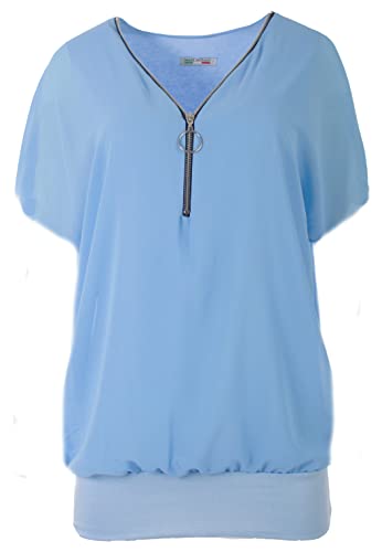 FASHION YOU WANT Damen Falten Kurzarm Tunika Batwing Rundkragen Bluse mit Reißverschluss am Kragen (as3, Numeric, Numeric_46, Numeric_48, Regular, Regular, hellblau) von FASHION YOU WANT