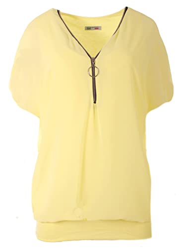 FASHION YOU WANT Damen Falten Kurzarm Tunika Batwing Rundkragen Bluse mit Reißverschluss am Kragen (as3, Numeric, Numeric_52, Numeric_54, Regular, Regular, hellgelb) von FASHION YOU WANT