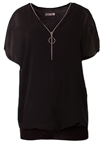 FASHION YOU WANT Damen Falten Kurzarm Tunika Batwing Rundkragen Bluse mit Reißverschluss am Kragen (as3, Numeric, Numeric_52, Numeric_54, Regular, Regular, schwarz) von FASHION YOU WANT