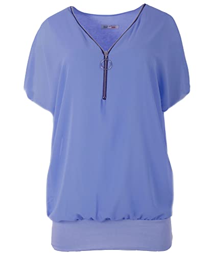 FASHION YOU WANT Damen Falten Kurzarm Tunika Batwing Rundkragen Bluse mit Reißverschluss am Kragen (as3, Numeric, Numeric_50, Numeric_52, Regular, Regular, Jeansblau) von FASHION YOU WANT