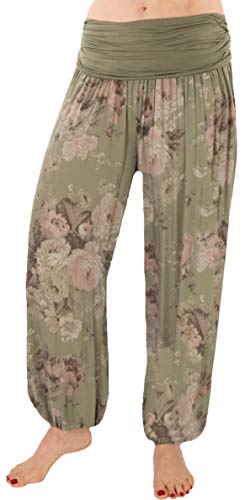 FASHION YOU WANT Damen Haremshose Pumphose Sommerhose großes Paisleymuster Größe 34/36 bis Größe 48/50 verfügbar Leichte Haremshose (36/38, Rose Khaki) von FASHION YOU WANT