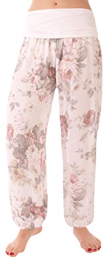 FASHION YOU WANT Damen Haremshose Pumphose Sommerhose großes Paisleymuster Größe 34/36 bis Größe 48/50 verfügbar Leichte Haremshose (38/40, Rose weiß) von FASHION YOU WANT