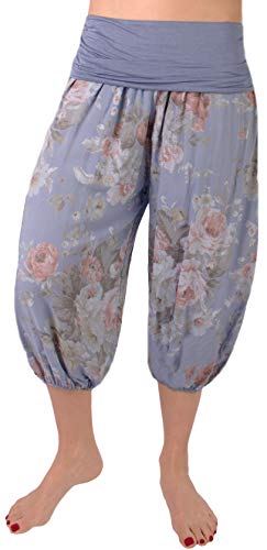 FASHION YOU WANT Damen Kurze Sommerhose Capri Hose 7/8 Pumphose Haremshose Größe 34/36 bis Größe 48/50 verfügbar mit Blumenmuster Flower Leichte Haremshose (Rose Jeansblau, 40/42) von FASHION YOU WANT