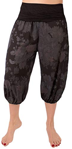 FASHION YOU WANT Damen Kurze Sommerhose Capri Hose 7/8 Pumphose Haremshose Größe 34/36 bis Größe 48/50 verfügbar mit Blumenmuster Flower Leichte Haremshose (Rose Schwarz, 46/48) von FASHION YOU WANT