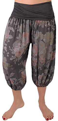 FASHION YOU WANT Damen Kurze Sommerhose Capri Hose 7/8 Pumphose Haremshose Größe 34/36 bis Größe 48/50 verfügbar mit Blumenmuster Flower Leichte Haremshose (Rose d.grau, 48/50) von FASHION YOU WANT