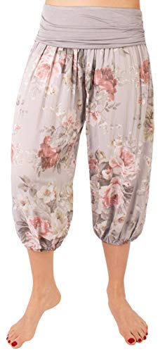 FASHION YOU WANT Damen Kurze Sommerhose Capri Hose 7/8 Pumphose Haremshose Größe 34/36 bis Größe 48/50 verfügbar mit Blumenmuster Flower Leichte Haremshose (Rose hellgrau, 40/42) von FASHION YOU WANT