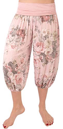 FASHION YOU WANT Damen Kurze Sommerhose Capri Hose 7/8 Pumphose Haremshose Größe 34/36 bis Größe 48/50 verfügbar mit Blumenmuster Flower Leichte Haremshose (Rose rosa, 46/48) von FASHION YOU WANT