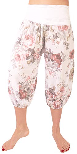 FASHION YOU WANT Damen Kurze Sommerhose Capri Hose 7/8 Pumphose Haremshose Größe 34/36 bis Größe 48/50 verfügbar mit Blumenmuster Flower Leichte Haremshose (Rose weiß, 40/42) von FASHION YOU WANT