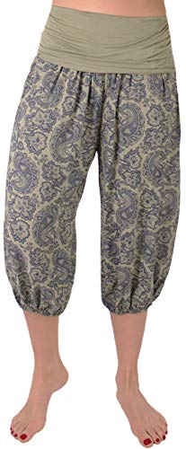 FASHION YOU WANT Damen Kurze Sommerhose Capri Hose 7/8 Pumphose Haremshose Größe 34/36 bis Größe 48/50 verfügbar mit Blumenmuster Flower Leichte Haremshose (klein B Khaki, 48/50) von FASHION YOU WANT