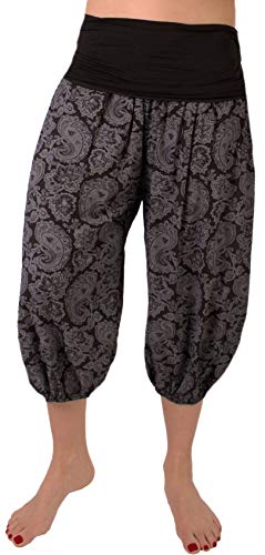 FASHION YOU WANT Damen Kurze Sommerhose Capri Hose 7/8 Pumphose Haremshose Größe 34/36 bis Größe 48/50 verfügbar mit Blumenmuster Flower Leichte Haremshose (klein B schwarz, 44/46) von FASHION YOU WANT