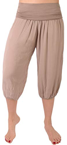 FASHION YOU WANT Damen Kurze Sommerhose Gr. 34/36 bis Gr. 48/50 Capri Hose 7/8 Pumphose Uni Farben Haremshose mit Blumenmuster Flower Leichte Haremshose (Uni Schlamm, 46/48) von FASHION YOU WANT