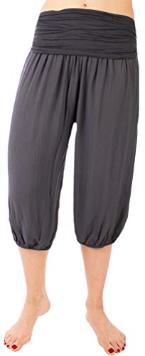 FASHION YOU WANT Damen Kurze Sommerhose Gr. 34/36 bis Gr. 48/50 Capri Hose 7/8 Pumphose Uni Farben Haremshose mit Blumenmuster Flower Leichte Haremshose (Uni dunkelgrau, 46/48) von FASHION YOU WANT