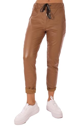 FASHION YOU WANT Damen Leder Look High Waist Thermo Jogger Hose Stretch Sweatpants Jogginghose für Freizeit Boyfriend Baggyhose (DE/NL/SE/PL, Numerisch, 36, 38, Regular, Regular, Camel) von FASHION YOU WANT