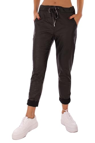 FASHION YOU WANT Damen Leder Look High Waist Thermo Jogger Hose Stretch Sweatpants Jogginghose für Freizeit Boyfriend Baggyhose (DE/NL/SE/PL, Numerisch, 36, 38, Regular, Regular, schwarz) von FASHION YOU WANT