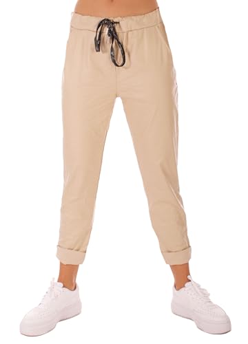 FASHION YOU WANT Damen Leder Look High Waist Thermo Jogger Hose Stretch Sweatpants Jogginghose für Freizeit Boyfriend Baggyhose (DE/NL/SE/PL, Numerisch, 38, 40, Regular, Regular, beige) von FASHION YOU WANT