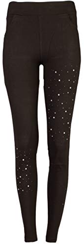 FASHION YOU WANT Damen Leggings/Jeggings Gr.34 bis 44 mit Spitze Nieten Steinchen Stern Totenkopf Perlen Leder High Waist Netz Spitzenleggings (Steinchen schwarz, 36/38) von FASHION YOU WANT