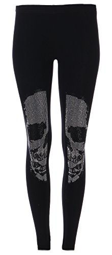 FASHION YOU WANT Damen Leggings/Jeggings Gr.34 bis 44 mit Spitze Nieten Steinchen Stern Totenkopf Perlen Leder High Waist Netz Spitzenleggings (Totenkopf schwarz, 38/40) von FASHION YOU WANT