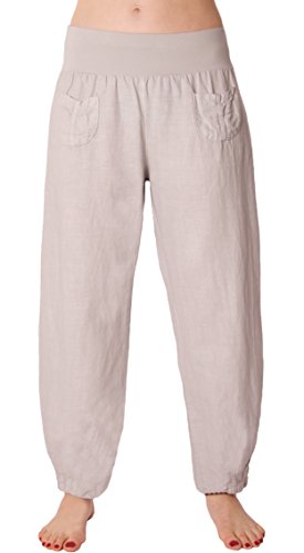 FASHION YOU WANT Damen Leinenhose Größe 36/38 bis Größe 50/52 aus 100% Leinen - leichte Sommerhose Tunnelbund mit Gummizug und 2 aufgesetzten Taschen vorne - weiter Schnitt (44/46, hellgrau) von FASHION YOU WANT