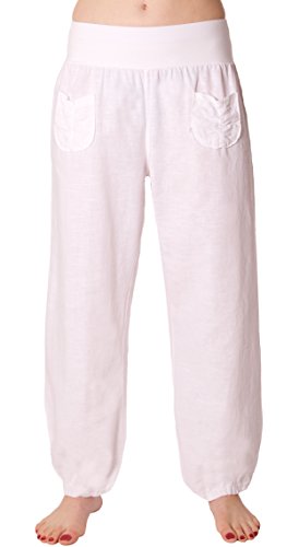 FASHION YOU WANT Damen Leinenhose Größe 36/38 bis Größe 50/52 aus 100% Leinen - leichte Sommerhose Tunnelbund mit Gummizug und 2 aufgesetzten Taschen vorne - weiter Schnitt (38/40, weiß) von FASHION YOU WANT