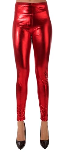 FASHION YOU WANT Damen Metallic Leggings, glänzende Shiny Leggings im Wet Look Party Tanz Disco Kostüm Fasching Karneval (DE/NL/SE/PL, Numerisch, 34, 36, Regular, Regular, rot) von FASHION YOU WANT