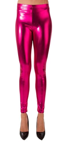 FASHION YOU WANT Damen Metallic Leggings, glänzende Shiny Leggings im Wet Look Party Tanz Disco Kostüm Fasching Karneval (DE/NL/SE/PL, Numerisch, 40, 42, Regular, Regular, neon Fuchsia) von FASHION YOU WANT