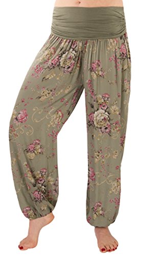 FASHION YOU WANT Damen Pumphose Sommerhose Haremshose Größe 34/36 bis Größe 52/54 mit verschiedenen Mustern Leichte Haremshose (Flower Khaki, 36/38) von FASHION YOU WANT