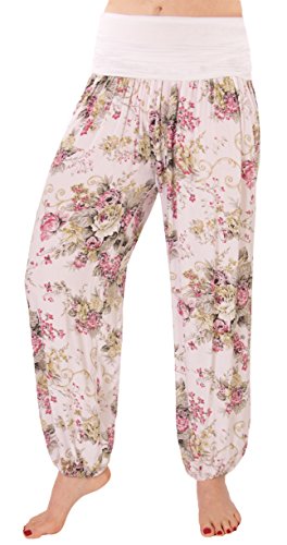 FASHION YOU WANT Damen Pumphose Sommerhose Haremshose Größe 34/36 bis Größe 52/54 mit verschiedenen Mustern Leichte Haremshose (Flower weiß, 44/46) von FASHION YOU WANT