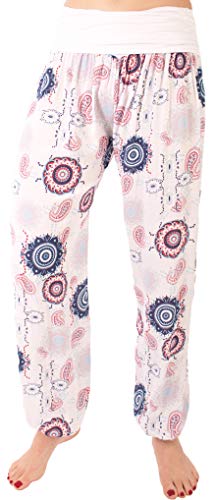 FASHION YOU WANT Damen Pumphose Sommerhose Haremshose mit Rosen Muster Größe 34/36 bis Größe 48/50 verfügbar Leichte Haremshose (36/38, NB weiß) von FASHION YOU WANT