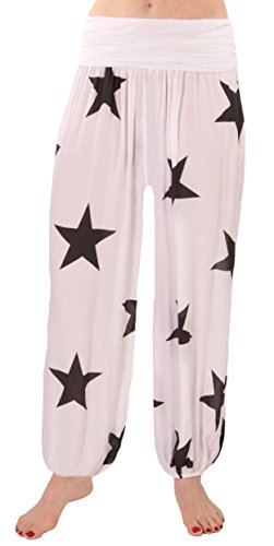 FASHION YOU WANT Damen Pumphose Sommerhose Haremshose mit Sternen Größe 34/36 bis Größe 48/50 verfügbar Leichte Haremshose (46/48, weiß (Stern schwarz)) von FASHION YOU WANT