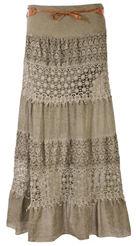 FASHION YOU WANT Damen Sommer Rock Größe 36/38 bis Größe 48/50 Langer Maxirock Strandrock Sommerock lang Amber Boho Retro Maxirock (as3, Numeric, Numeric_36, Numeric_38, Regular, Regular, Khaki) von FASHION YOU WANT