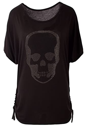 FASHION YOU WANT Damen Sommer Tops Lässiges T-Shirt mit Totenkopf-Strass-Motiv V-Ausschnitt Kurzarm Loser Pullover Plus Size Baggy Tunika-Bluse (38-40, schwarz) von FASHION YOU WANT