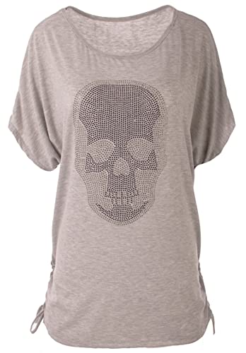 FASHION YOU WANT Damen Sommer Tops Lässiges T-Shirt mit Totenkopf-Strass-Motiv V-Ausschnitt Kurzarm Loser Pullover Plus Size Baggy Tunika-Bluse (40-42, grau) von FASHION YOU WANT