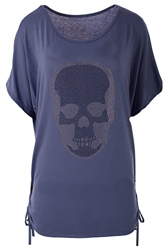 FASHION YOU WANT Damen Sommer Tops Lässiges T-Shirt mit Totenkopf-Strass-Motiv V-Ausschnitt Kurzarm Loser Pullover Plus Size Baggy Tunika-Bluse (48-50, Jeansblau) von FASHION YOU WANT