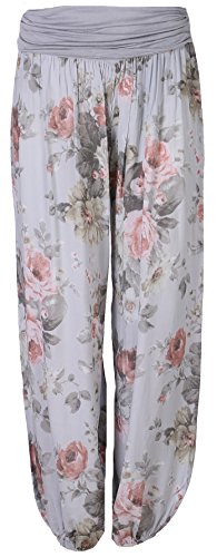 FASHION YOU WANT Damen Sommerhose Pumphose Haremshose mit Blumenmuster Flower Größe 34/36 bis Größe 48/50 verfügbar Leichte Haremshose (36/38, hellgrau Rosen) von FASHION YOU WANT