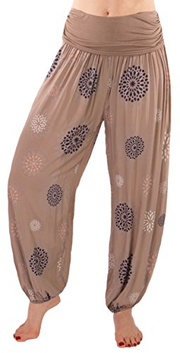 FASHION YOU WANT Damen Sommerhose Pumphose Haremshose mit Blumenmuster Flower Größe 34/36 bis Größe 48/50 verfügbar Leichte Haremshose (38/40, PB (Schlamm)) von FASHION YOU WANT