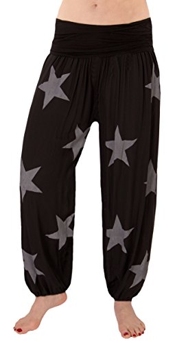 FASHION YOU WANT Damen Sommerhose Pumphose Haremshose mit Blumenmuster Flower Größe 34/36 bis Größe 48/50 verfügbar Leichte Haremshose (38/40, groß Sterne schwarz) von FASHION YOU WANT