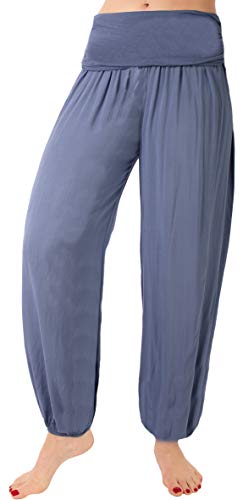 FASHION YOU WANT Damen Sommerhose Pumphose Haremshose mit Blumenmuster Flower Größe 34/36 bis Größe 48/50 verfügbar Leichte Haremshose (40/42, Uni Jeansblau) von FASHION YOU WANT