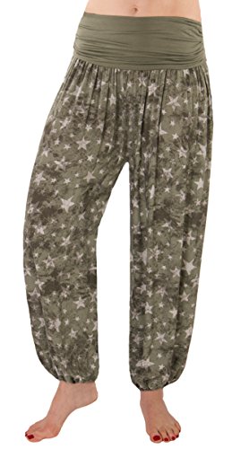 FASHION YOU WANT Damen Sommerhose Pumphose Haremshose mit Blumenmuster Flower Größe 34/36 bis Größe 48/50 verfügbar Leichte Haremshose (42/44, kleine Sterne Khaki) von FASHION YOU WANT