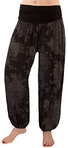 FASHION YOU WANT Damen Sommerhose Pumphose Haremshose mit Blumenmuster Flower Größe 34/36 bis Größe 48/50 verfügbar Leichte Haremshose (42/44, schwarz Rosen) von FASHION YOU WANT
