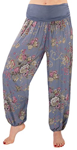 FASHION YOU WANT Damen Sommerhose Pumphose Haremshose mit kleinem Paisleymuster Größe 34/36 bis Größe 48/50 verfügbar Leichte Haremshose (36/38, Flower Jeansblau) von FASHION YOU WANT