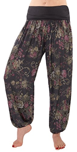 FASHION YOU WANT Damen Sommerhose Pumphose Haremshose mit kleinem Paisleymuster Größe 34/36 bis Größe 48/50 verfügbar Leichte Haremshose (38/40, Flower dunkelgrau) von FASHION YOU WANT